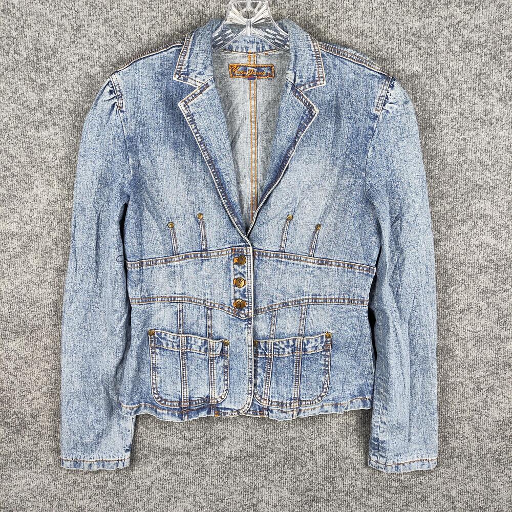 Yuka Jeans Blazer Womens Large Blue Denim Jacket Button Front Pockets Casual